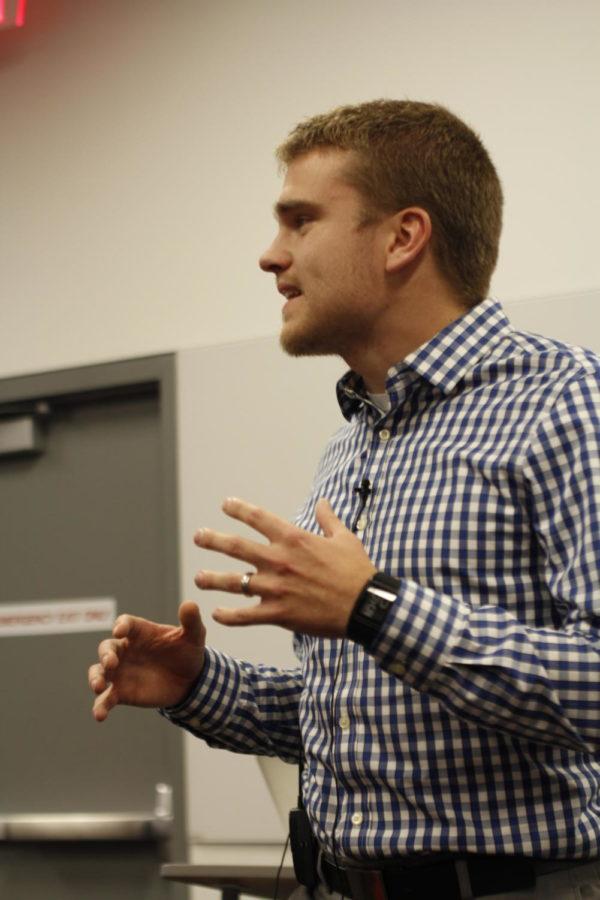 Graduate student Alex Wrede presents his thesis on the impact of micro bubbles on traumatic brain injuries at Iowa State University Graduate Colleges second annual 3 Minute Thesis Competition on Monday evening.