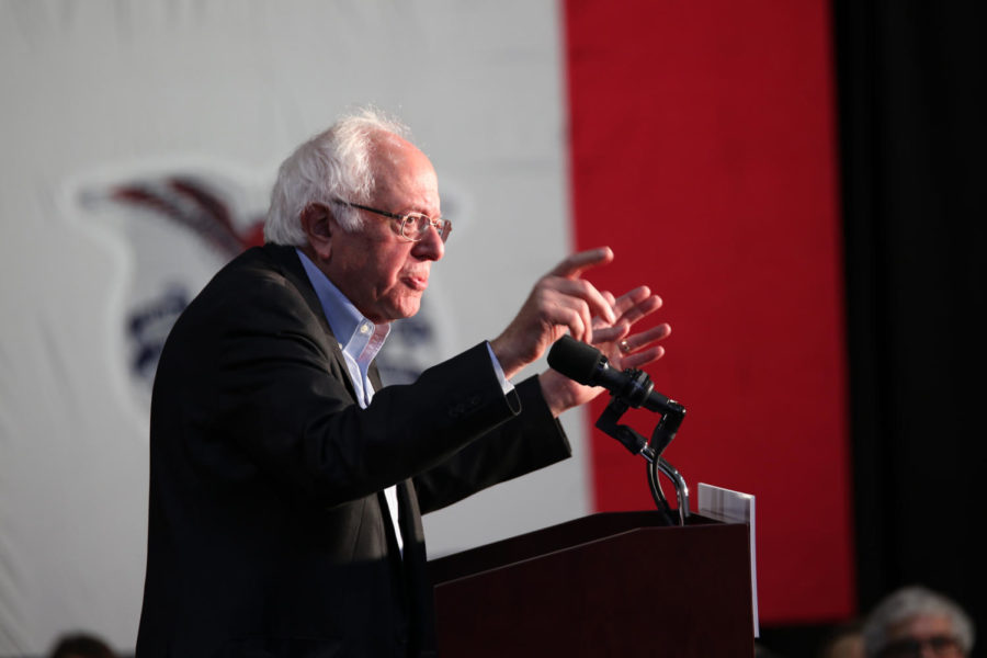 Vermont Sen. Bernie Sanders points toward the audience while giving a speech Oct. 5 to supporters at Drake University in Des Moines. 