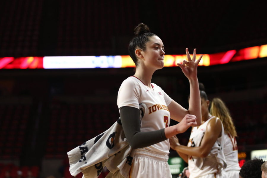 Iowa State senior Emily Durr celebrates a teammate hitting a three point shot late in the game against Wisconsin-La Crosse.