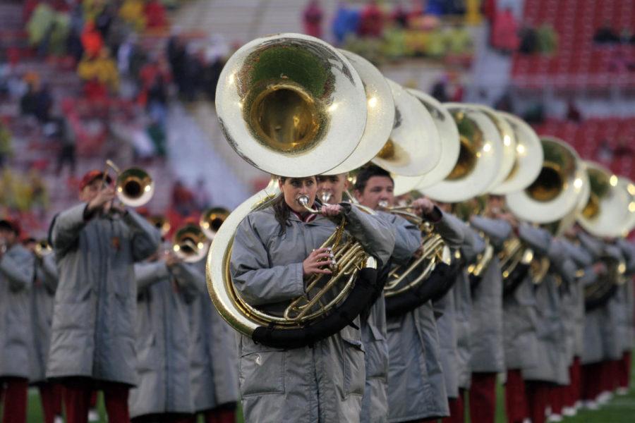 Members+of+the+Iowa+State+Varsity+Marching+Band+march+in+their+rain+gear%C2%A0before+the+game+against+Kansas+on+Oct.+14.+at+Jack+Trice+Stadium.