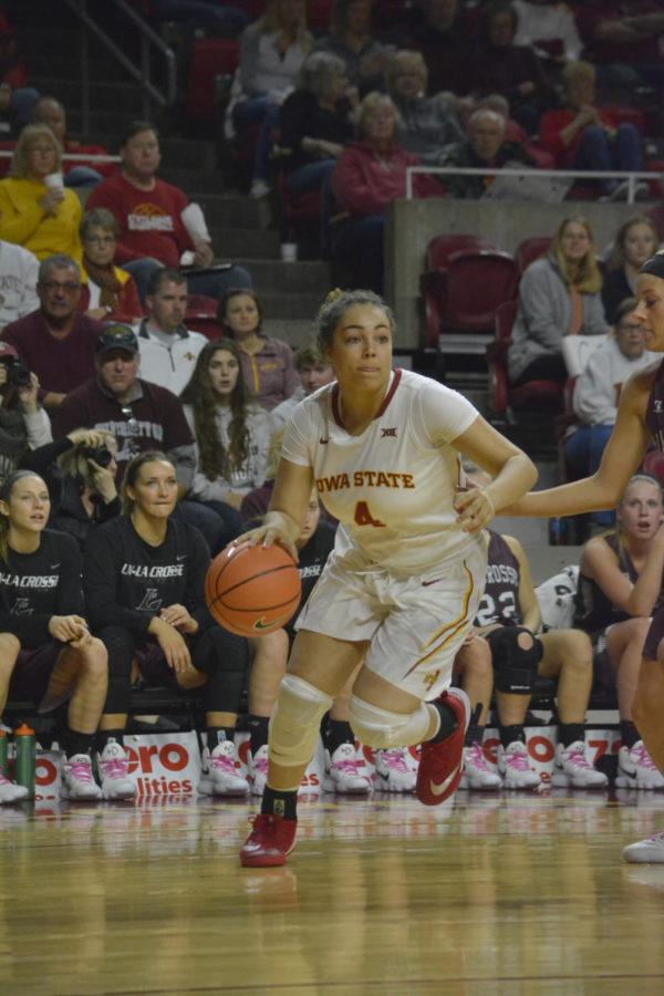 Rae Johnson, guard, tries to control the ball during the Iowa State versus Wisconsin-La Crosse game on Nov. 5. The Cyclones won 93-50.