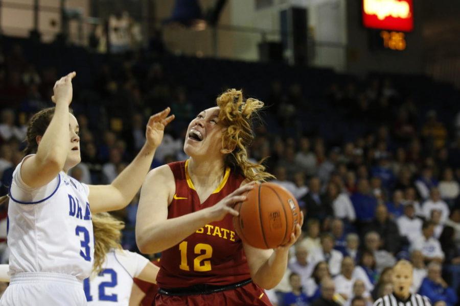 Junior Bride Kennedy-Hopoate drives to the hoop during the Cyclones 83-80 loss to Drake at the Knapp Center in Des Moines. Kennedy-Hopoate finished with seven points and six rebounds. 