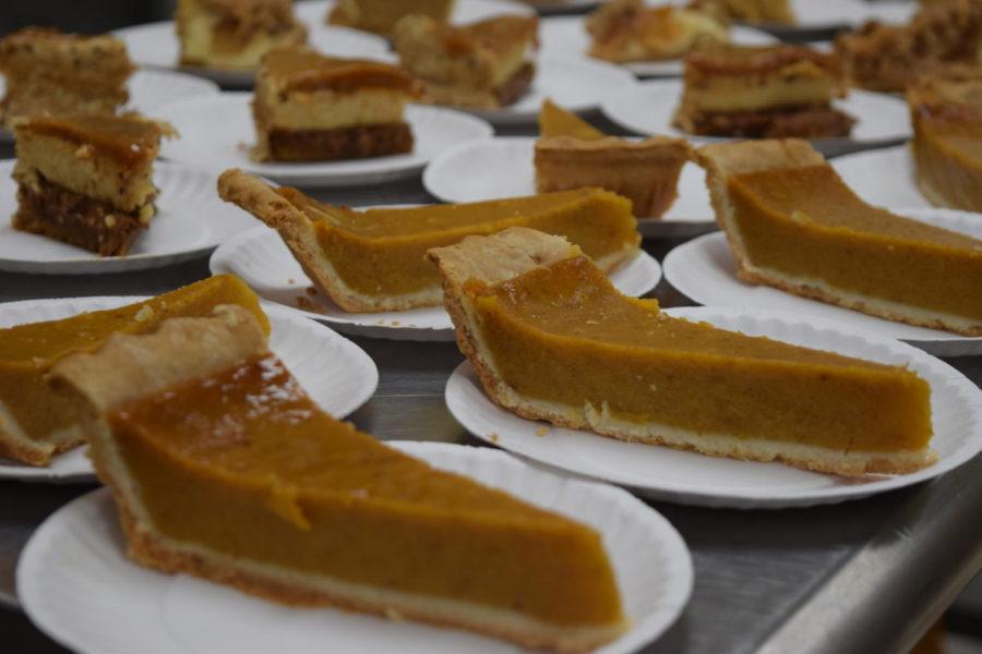 A cart of pumpkin pie and other desserts are prepared for several dozen people. Food at First will also be making a traditional meal on Thanksgiving. 