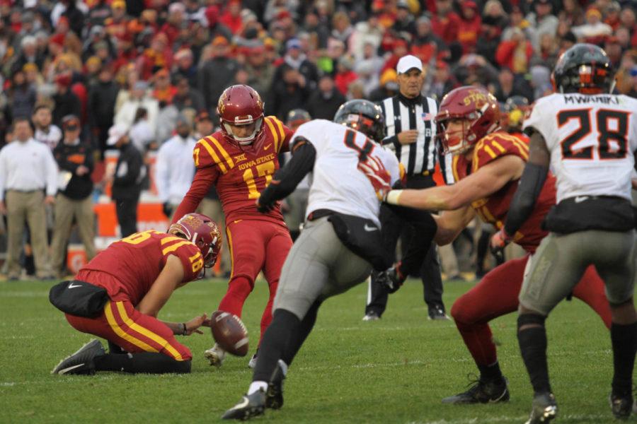 Kicker Garrett Owens goes for an extra point in a game against Oklahoma State on Nov. 11 at Jack Trice Stadium. Iowa State fell to the Cowboys, 49-42.