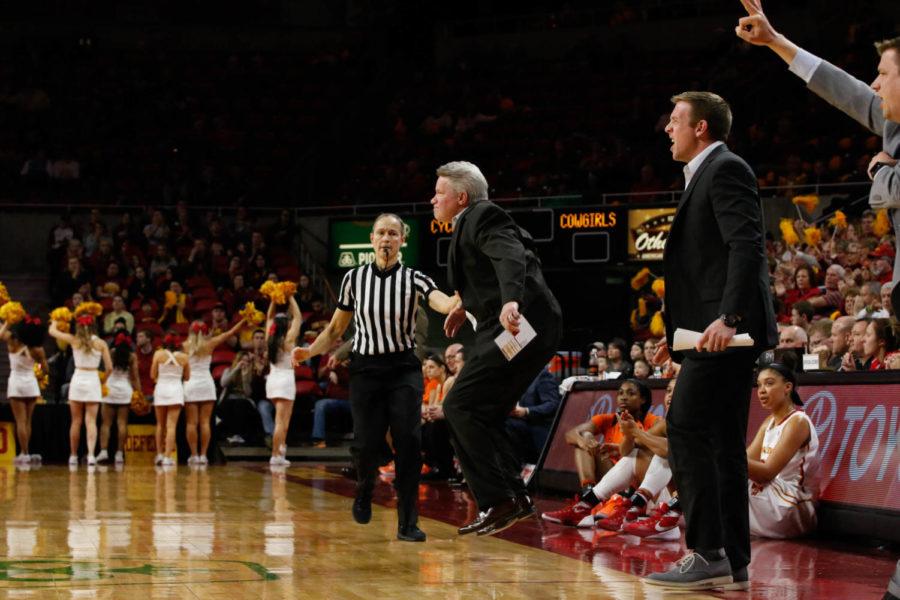 Head coach Bill Fennelly reacts to a call made by the official during Iowa States 61-48 win over Oklahoma State on senior night. The Cyclones ended the regular season with a record of 18-11 (Big 12 9-9). 