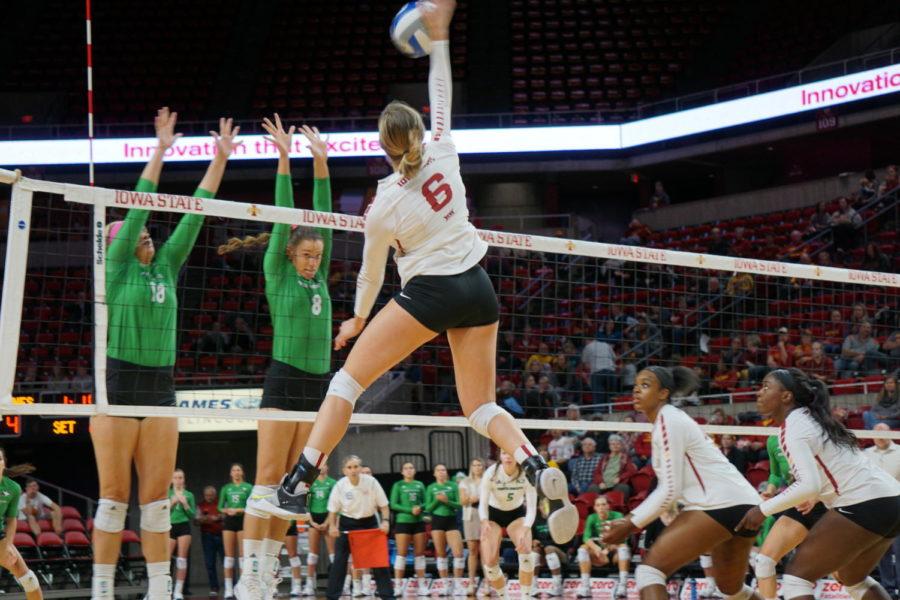 At the Iowa State womens volleyball game on Oct. 31, Alexis Conaway spiked the ball and pushed the team to win 3-0 against the University of North Dakota.