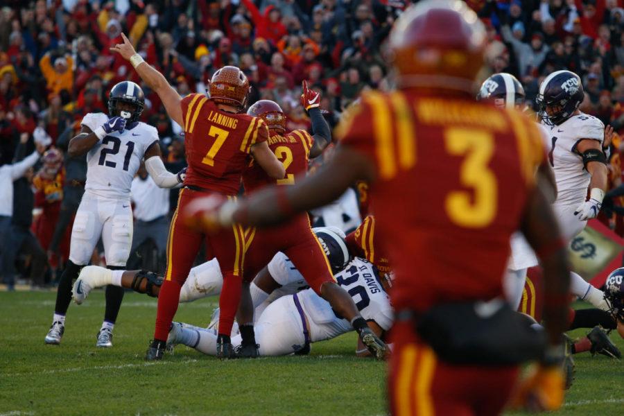 Joel Lanning reacts to a TCU fumble during the Cyclones 14-7 win. 