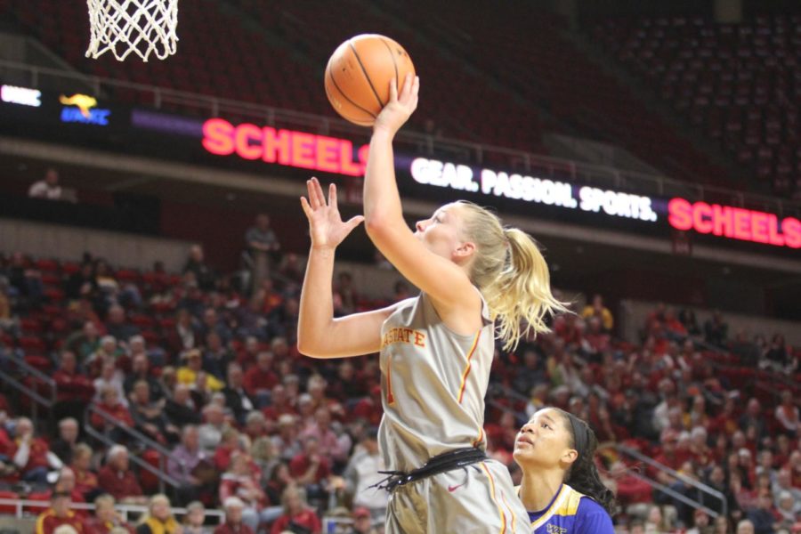 Madison Wise goes in for the layup during the first half against UMKC. Wise had her first career double-double with 15 points and 15 rebounds in the 61-45 win on Nov. 20. 