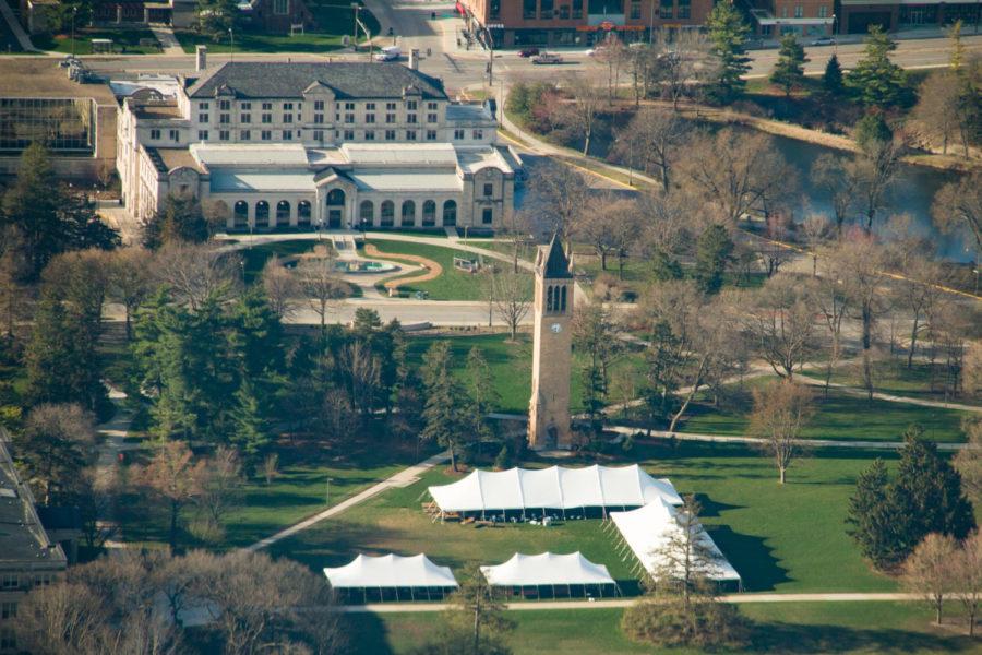 The Memorial Union and the Campanile taken from the air on April 9 during the 2016 Ames Fly In. 
