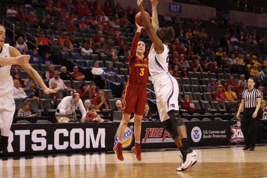 Iowa State junior Emily Durr attempts a 3 point shot during the first quarter against Kansas State at the Big 12 tournament in Oklahoma City.