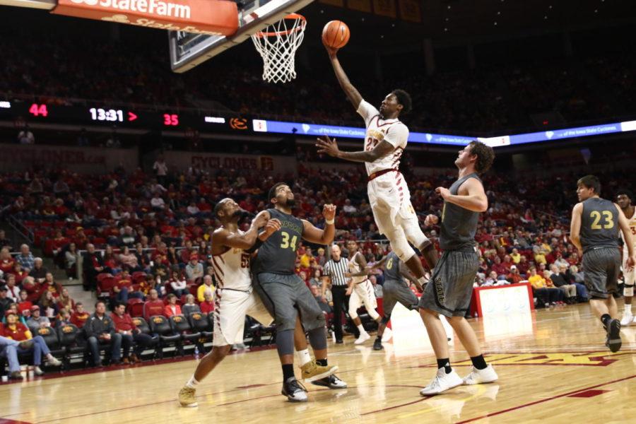 Iowa State junior Zoran Talley Jr. lays the ball in early in the second half against Emporia State.