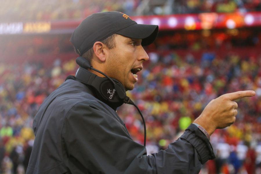 Iowa State head coach Matt Campbell calls a play during the Cyclones 45-0 win over Kansas on Oct. 14, 2017.