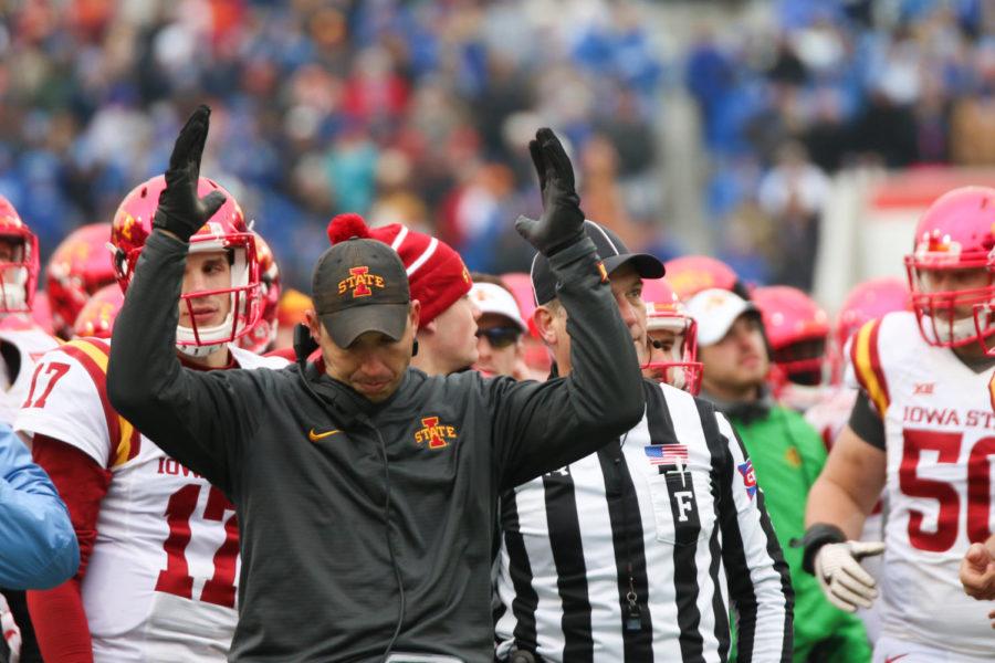Iowa State head coach Matt Campbell argues a call during the 59th Annual AutoZone Liberty Bowl in Memphis, Tennessee on Dec. 30, 2017. The Cyclones defeated the Tigers 21-20.