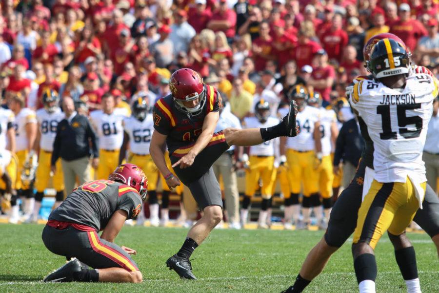 Iowa State kicker Garrett Owens makes a field goal during the annual CyHawk football game Sept. 9, 2017. The Cyclones fell to the Hawkeyes 44-41 in one overtime.