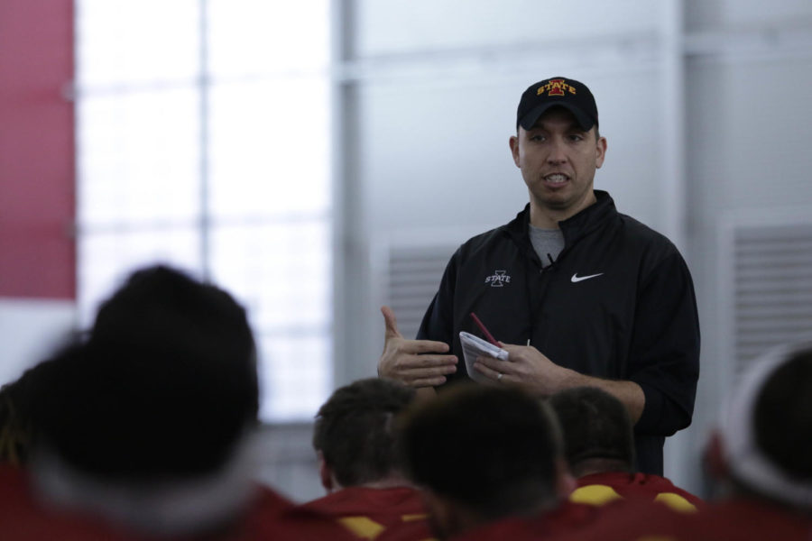 Head football coach Matt Campbell addresses the team after Iowa States first spring practice of the 2017 season.
