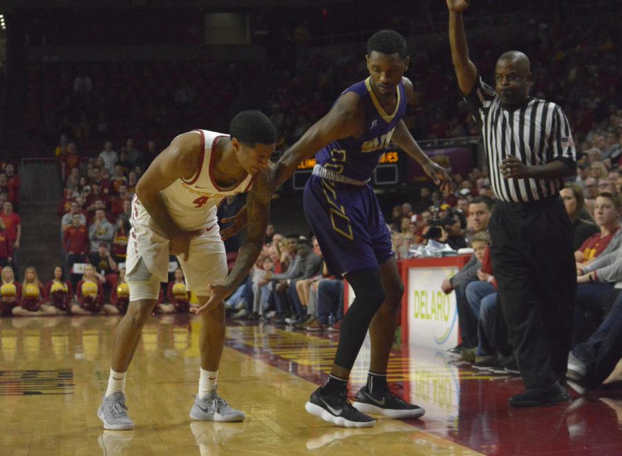 Donovan Jackson, guard, reacts to being blocked by a member of the Alcorn State mens basketball team during the game on Dec. 10 at Hilton Coliseum. The Cyclones won 78-58.