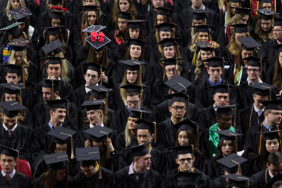 Members of the Iowa State Fall 2017 Graduating class gather in Hilton Coliseum Dec 16. The keynote speaker was Kevin Cooney, a 1974 alumnus of Iowa State whose speech focused on friendship and remembering to make your bed.