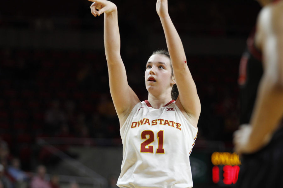 Iowa State sophomore Bridget Carleton shoots a free throw during the first half against Northern Illinois.