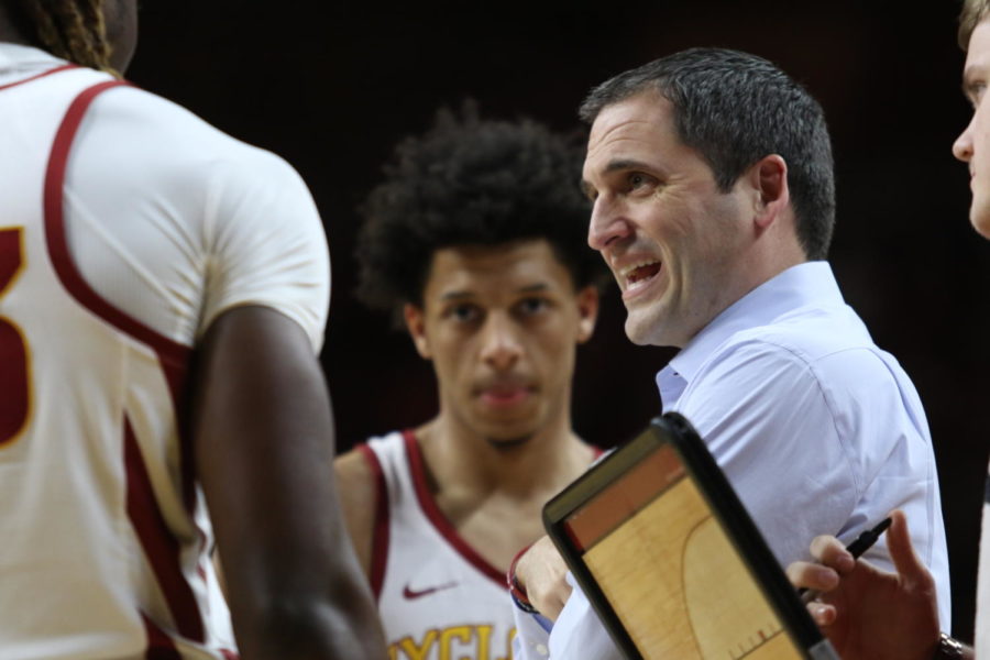Iowa State head coach Steve Prohm speaks with his team during a timeout against Western Illinois.