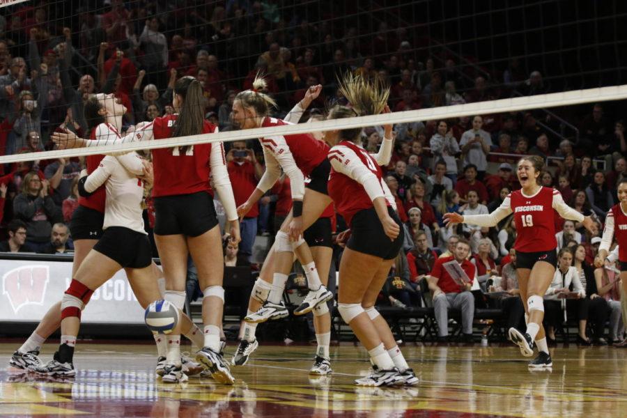 Wisconsin celebrates as they defeated Iowa State 3-0 in the second round of the NCAA Tournament. 