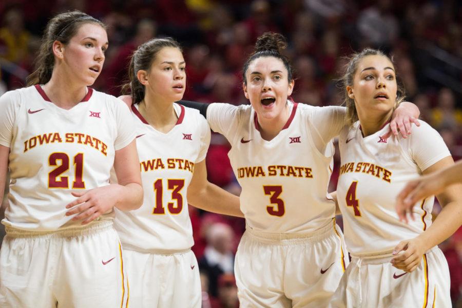 Members of the Iowa State Womens Basketball team huddle up during the Iowa State vs Iowa Basketball game Dec. 6. the Hawkeyes defeated the cyclones 55-61.