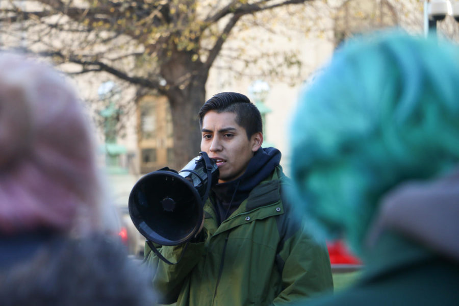 Hugo Bolanos, graduate of Iowa State University, speaks at the Iowans Need Your Help: Rally To Support Dreamers and TPS Holders at the Neal Smith Federal Building in Des Moines on Dec. 1.