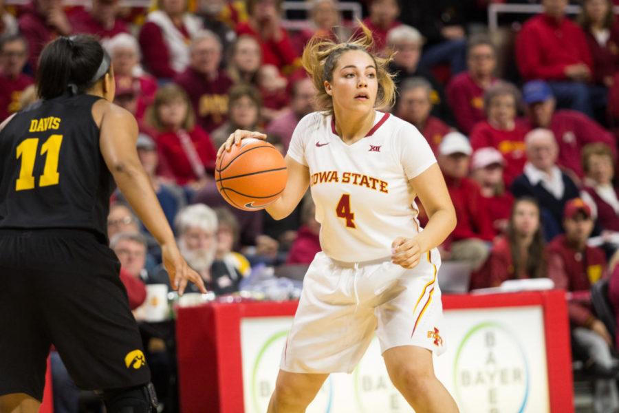 Freshman Guard Rae Johnson looks for an open pass during the Iowa State vs Iowa Basketball game Dec. 6. the Hawkeyes defeated the cyclones 55-61. 