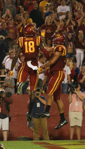 Iowa State wide recievers Hakeem Butler and Allen Lazard celebrate a touchdown during the Cyclones first game of the season on Sept. 2, 2017. The Cyclones defeated the Panthers 42-24.