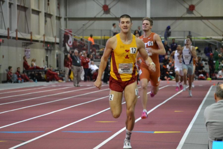 Sophomore Wyatt Rhoads, a heptathlete, runs in the 1000m portion of his six events during the Big 12 Conference Meet in Lied Rec Facility Feb. 25.