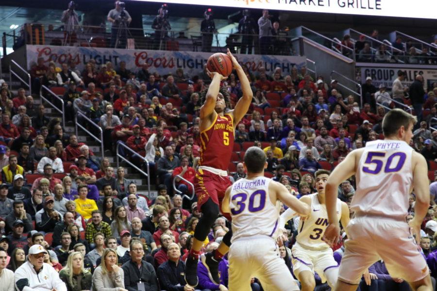 Iowa+State+freshman+Lindell+Wigginton+takes+a+jump+shot+during+the+first+half+against+UNI+in+Wells+Fargo+Arena.