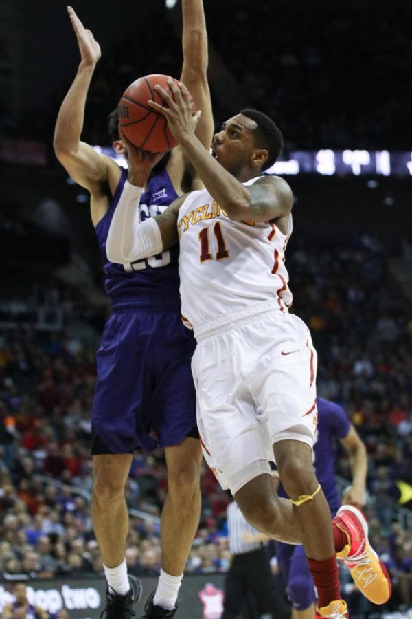 Iowa State senior Monte Morris goes in for a layup during the Cyclones semifinal game against TCU at the Big 12 Championship in Kansas City, Missouri March 10, 2017. Morris contributed 15 points in the Cyclones 84-63 win over the Horned Frogs. 