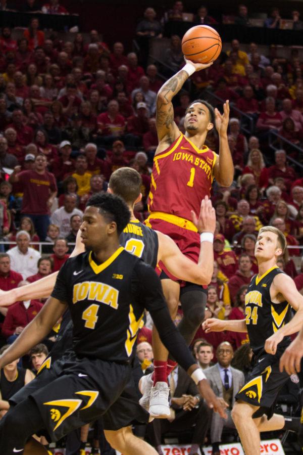 Redshirt junior Guard Nick Weiler-Babb hits a shot during the Iowa vs Iowa State game Dec. 7 in Hilton Coliseum. Iowa State defeated the Hawks 84-78.