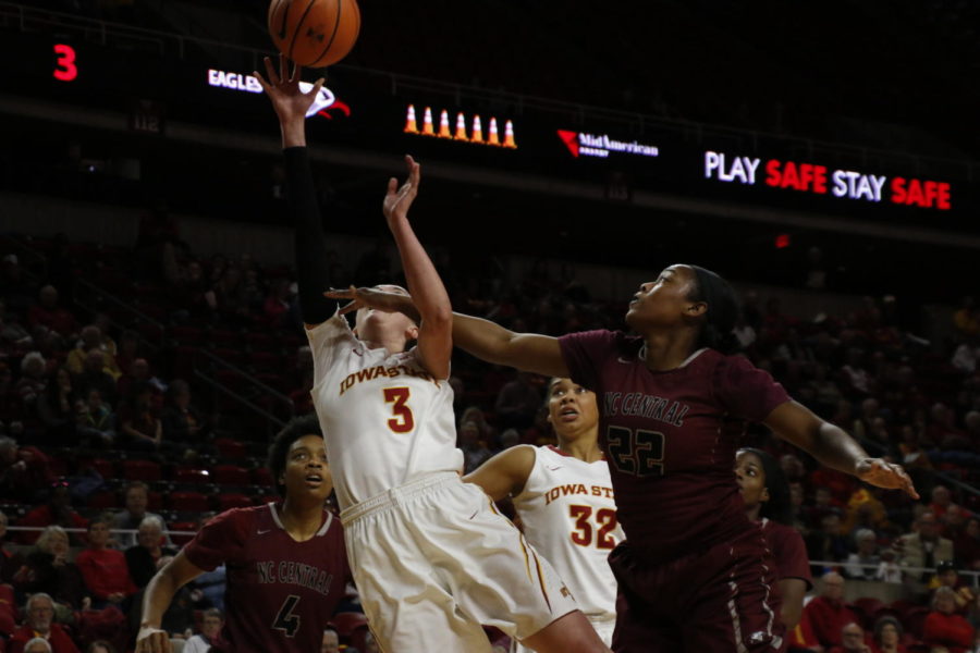 Emily Durr gets fouled on a lay up attempt in Iowa States 99-58 win over North Carolina Central.
