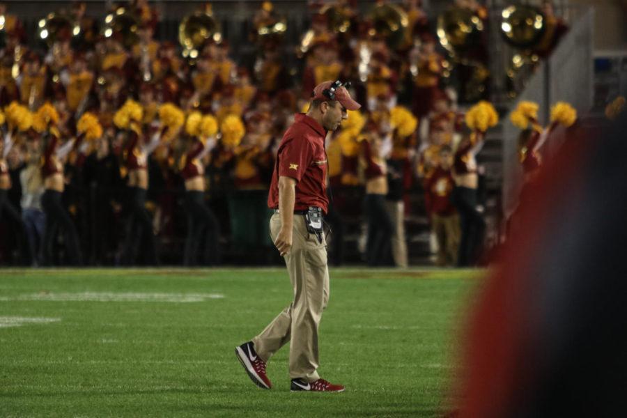 Iowa State head coach Matt Campbell walks off the field after the timeout he called for his team on Nov. 3 at Jack Trice Stadium. Iowa State would go on to lose to Oklahoma 34 to 24.