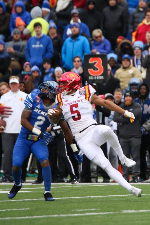 Iowa State wide receiver Allen Lazard makes a catch during the 59th Annual AutoZone Liberty Bowl in Memphis, Tennessee on Dec. 30, 2017. The Cyclones defeated the Tigers 21-20.