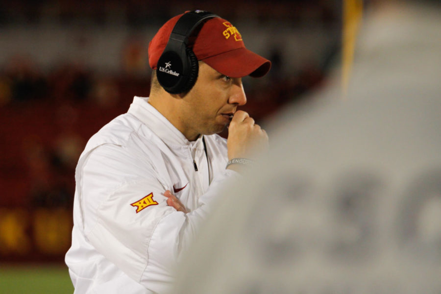 Iowa State head football coach Matt Campbell paces on the sideline after West Virginia recovered a fumbled snap on Nov. 26 at Jack Trice Stadium. West Virginia defeated Iowa State by a final score of 49-19.