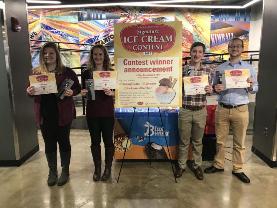 From right to left the winners (Mikaela Galdonik, Geena Whalen, Timothy Lott, Evan McCoy) of the Signature Ice Cream Contest, standing with certificates. 