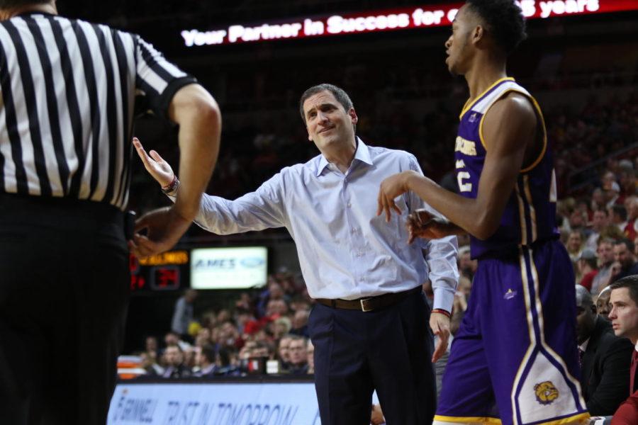 Iowa State head coach Steve Prohm questions a call by an official during the game against Western Illinois on Nov. 25.