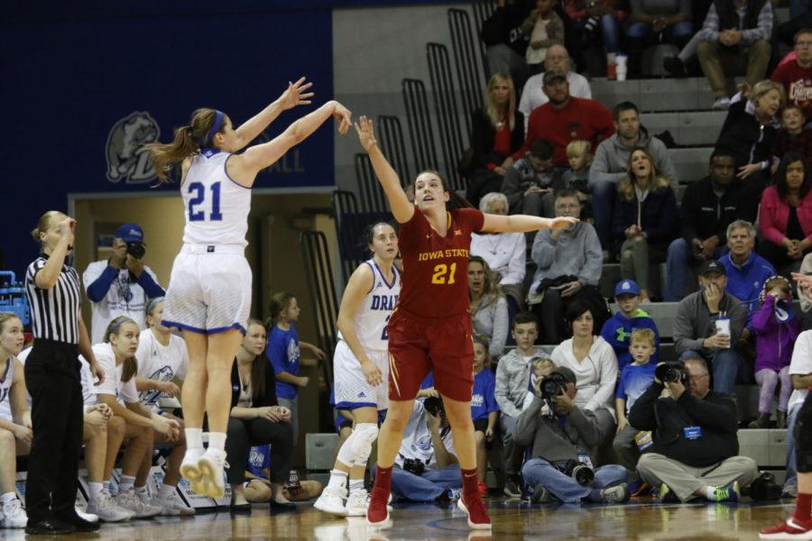 Junior Bridget Carleton defends Drake's Sammie Bachrodt's three pointer in Iowa State's 83-80 loss. Carleton finished with 19 points.