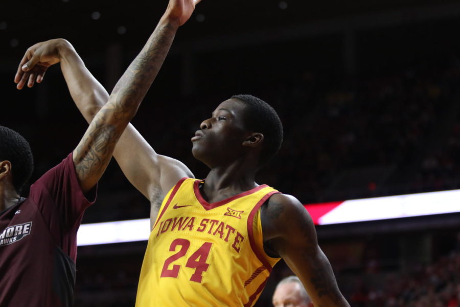 Iowa+State+freshman+Terrance+Lewis+takes+a+three+point+shot+during+the+first+half+against+Maryland+Eastern+Shore.
