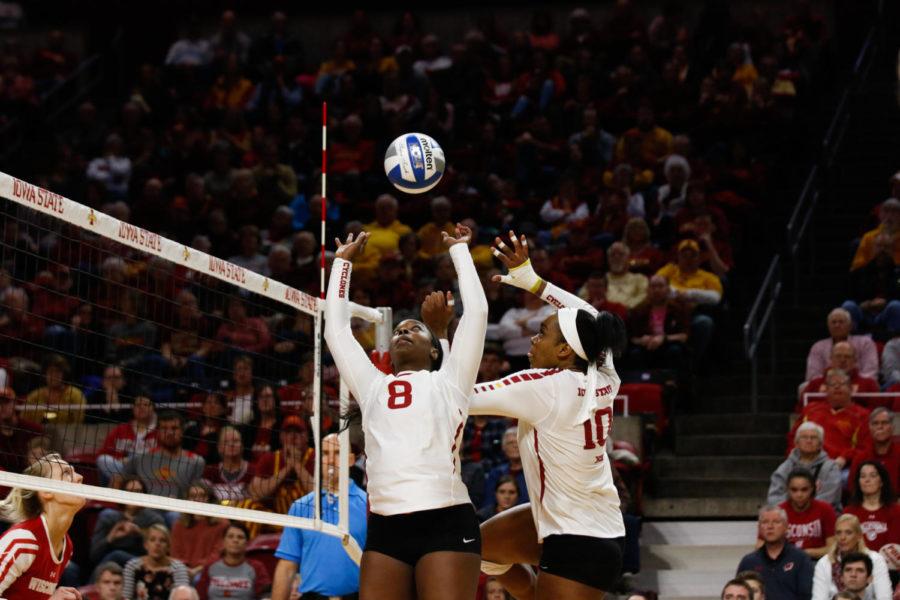 Senior+setter+Monique+Harris+provides+a+set+to+Grace+Lazard+on+Saturday+night+in+Hilton+Coliseum.+The+Cyclones+would+drop+their+second+round+NCAA+Tournament+match+to+Wisconsin+3-0+%2825-22%2C+25%2C20%2C+25-23%29.%C2%A0