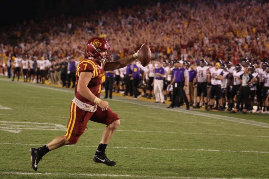 Iowa State linebacker Joel Lanning celebrates scoring a touchdown before learning that the play would not count. A holding penalty was called on the play.