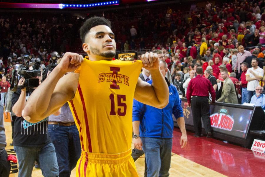Redshirt senior Naz Mitrou-Long celebrates after a game against #9 Baylor, Saturday afternoon in Hilton Coliseum. After being tied at halftime, the Cyclones pulled off the upset, winning 72-69, and improved to 19-9 overall (11-5 in conference).