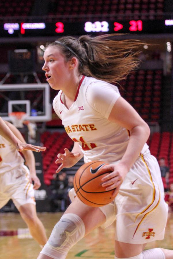 Junior Bridget Carleton making her way into Bears territory during the game against Baylor at the Hilton Coliseum on Jan. 17.