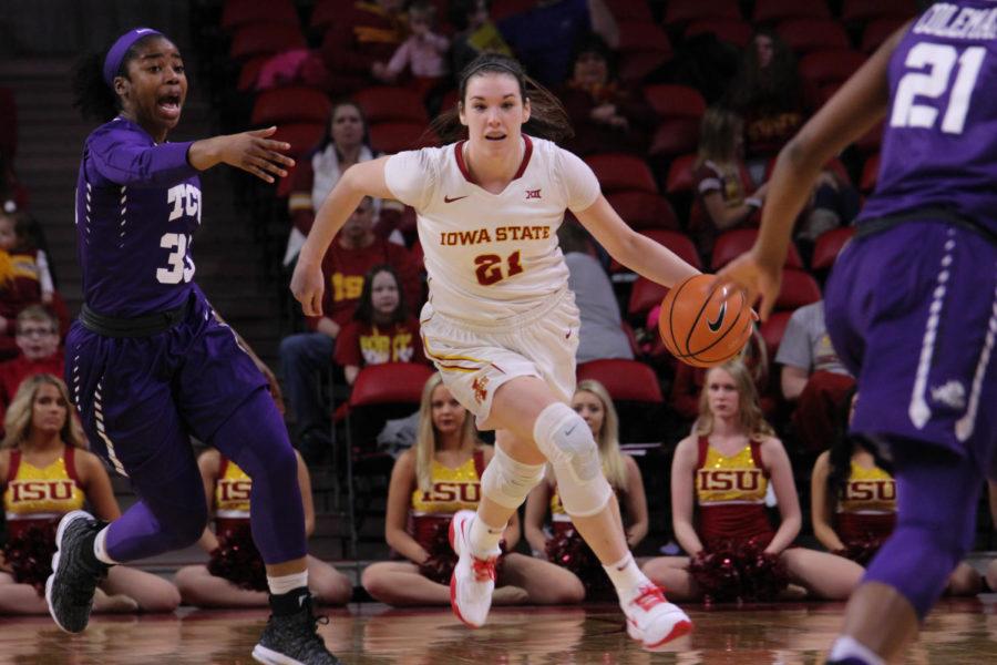 Junior Bridget Carleton making her way down the court during the game against TCU on Jan. 30 at the Hilton Coliseum. 