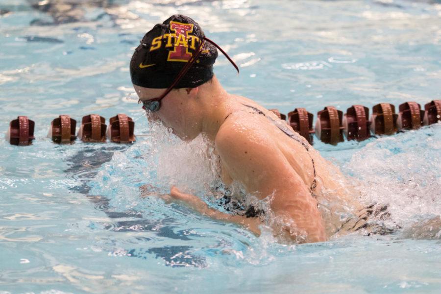 Member of the Iowa State Swim team swims laps during practice Dec. 05 in Beyer Hall. 