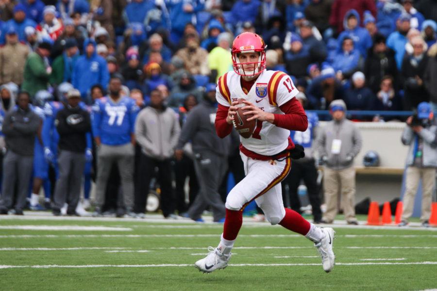 Iowa State quarterback Kyle Kempt looks to throw during the first half of the AutoZone Liberty Bowl against the Memphis Tigers on Dec. 30, 2017.