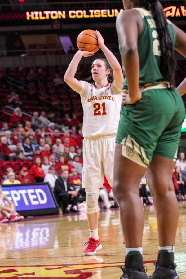 Junior Bridget Carleton making free throw against the Bears during the game against Baylor on Jan. 17 at the Hilton Coliseum. 