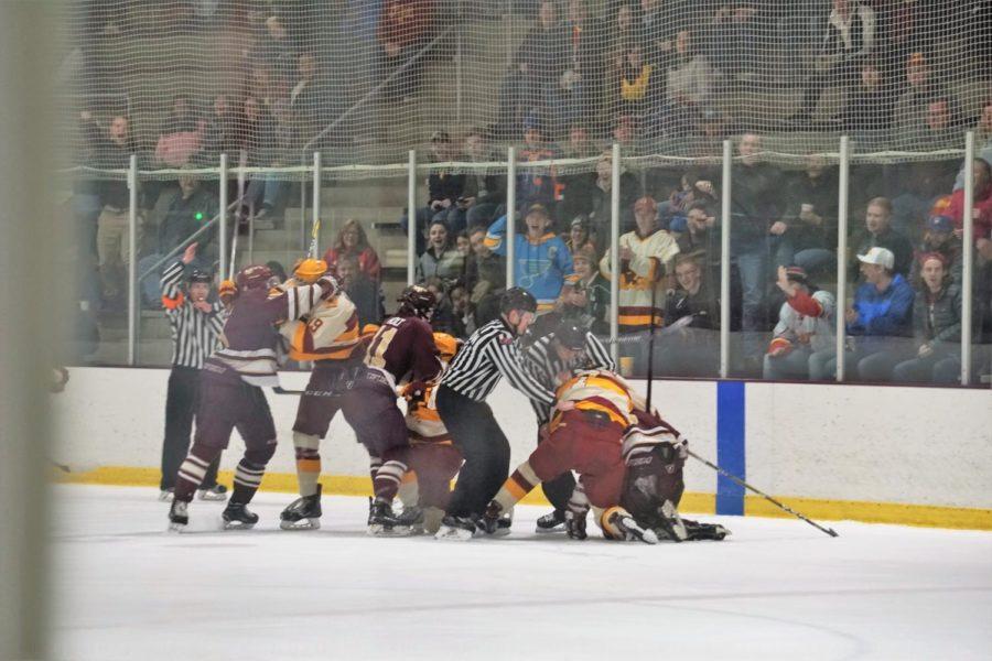 In the last .8 seconds of the Rob Morris VS Iowa State hockey game on January 19th, a fight started by player 23 from Rob Morris. This turned into a brawl with 3 Rob Morris players fighting 3 Iowa State players. 