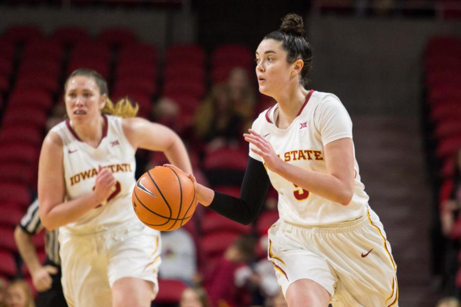 Senior Guard Emily Durr takes the ball down the court during the Iowa State Vs UC Riverside basketball game Dec 17. The Cyclones Defeated Riverside 89-66